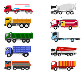 A diverse set of truck transportation illustrations showcasing various models such as cargo trucks, delivery vans, and container trucks, for logistics visuals and transport infographics