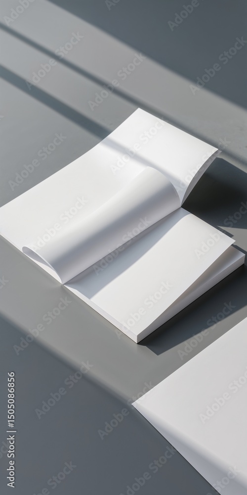 Poster minimalist layout with blank white paper sheets on smooth gray background and soft lighting