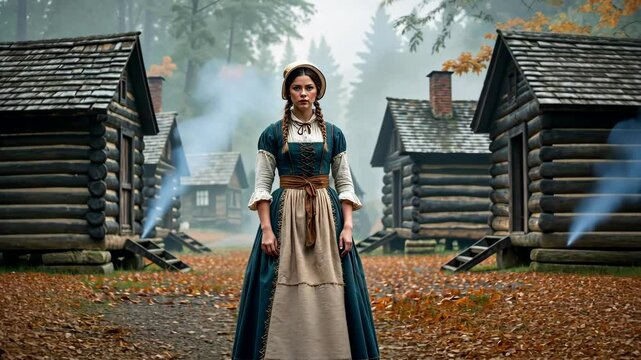 Woman in Historical Dress Standing in Pioneer Village at Dawn