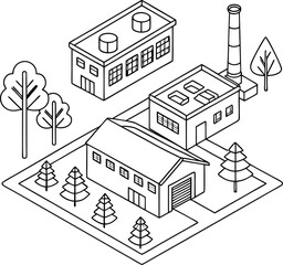 Isometric Illustration of Factory Buildings and Trees
