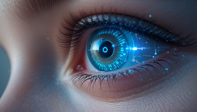 Hyperreal close-up of a human eye with a digital HUD interface projected on the iris.
