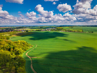 Aerial landscape of the green fields in northern Poland at spring time.