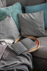 Cozy Living Room Scene Featuring a Gray Sofa with Decorative Pillows, Soft Blanket and an Open Book on Wooden Tray.