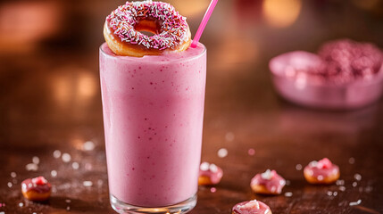 strawberry milkshake combine wiyh donut  on a table