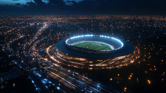 Aerial View of Illuminated Football Stadium at Night. A high-resolution aerial photograph showcasing a brightly lit football stadium at night, surrounded by city lights and urban structures.
