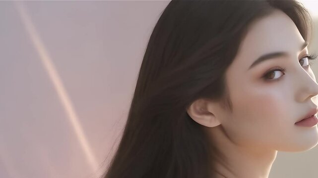 Young Caucasian woman with glowing skin and natural makeup. Close-up shot with soft lighting. Minimalist beauty concept. Neutral background with warm tones.