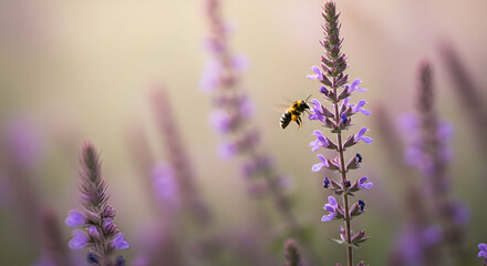 Fototapeta premium Bee pollinating purple lavender flowers in a sunlit meadow during summer