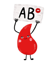 cute red blood drop type AB donor rhesus negative character cartoon doodle crayon watercolor kids illustration donate donation save lives vector clipart sticker