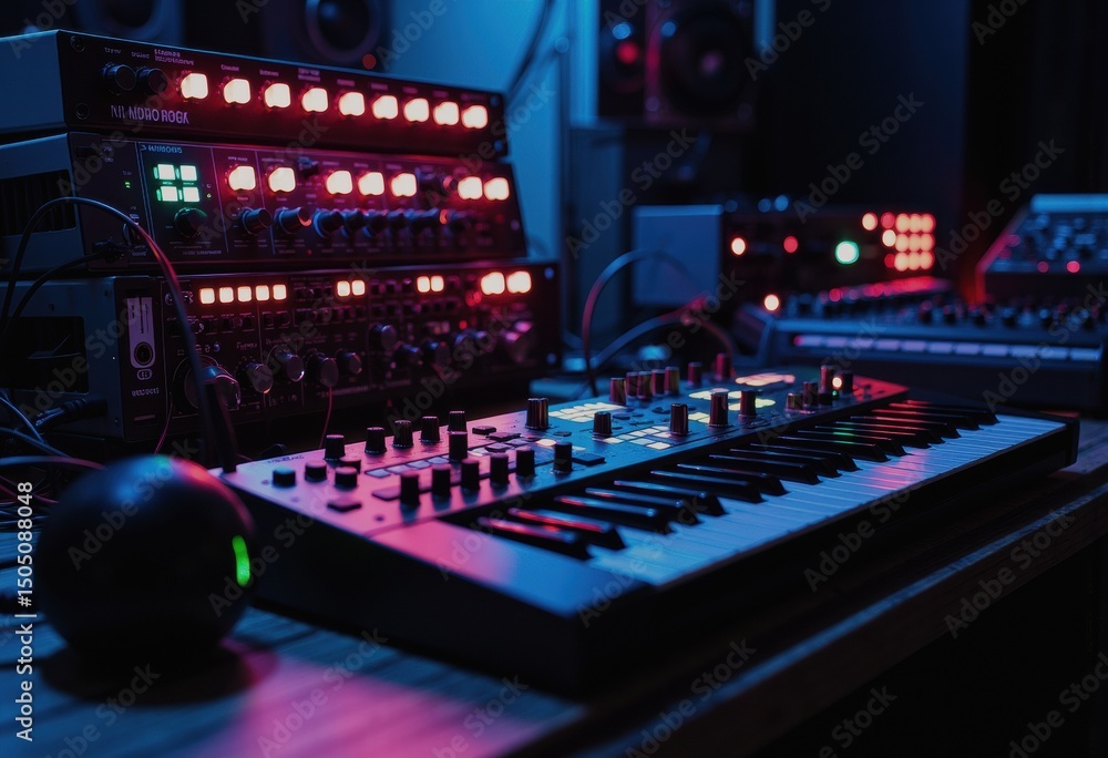 Aufkleber digital music producer's midi keyboard and rack synths glowing in a dim studio