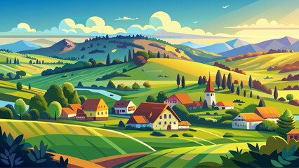 Panorama of beautiful countryside of Romania captures a sunny afternoon in springtime mountains, with grassy field, rolling hills, rural charm, and peaceful landscape bathed in golden light.