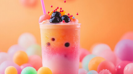 strawberry orange ice cream with fruit boba
