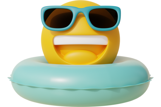 A yellow emoji wearing sunglasses and sitting in a light blue inflatable swimming pool ring toy object