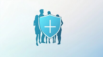 Corporate vector style illustration of a family with a medical shield icon in soft blue and white tones, representing a health insurance concept. Clean lines and rounded shapes design.