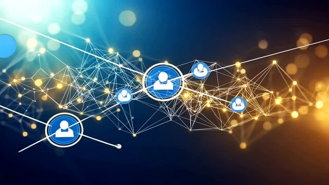 Abstract network of connections with user icons against a blue and orange gradient background, symbolizing connectivity and networking - Powered by Adobe