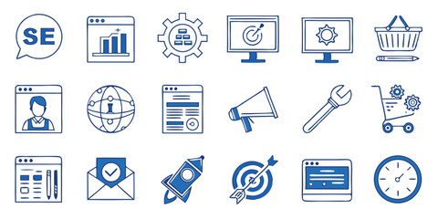Website Design & Development Icon Set – Flat Blue-Themed UX/UI, SEO, Hosting & E-commerce Icons