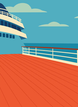 A stylized cruise ship deck sets sail on a vibrant sea journey, captured with crisp vector illustration and bold color palettes.  