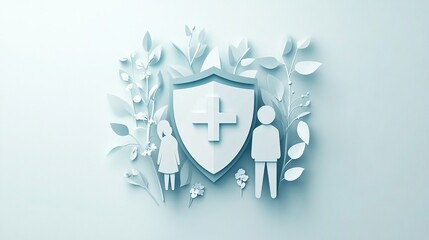 Corporate vector style illustration of a family with a medical shield icon in soft blue and white tones, representing a health insurance concept. Clean lines and rounded shapes design.