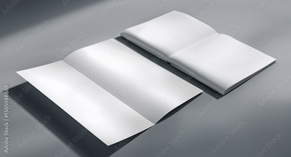 Aufkleber minimalist layout with blank white paper sheets on smooth gray background and soft lighting