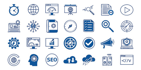Website Design & Development Icon Set – Flat Blue-Themed UX/UI, SEO, Hosting & E-commerce Icons