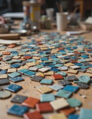 Colorful tesserae scattered on a ceramic mosaic workshop table