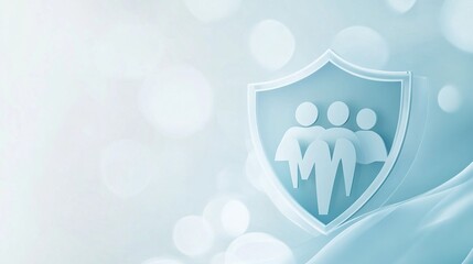 Corporate vector style illustration of a family with a medical shield icon in soft blue and white tones, representing a health insurance concept. Clean lines and rounded shapes design.