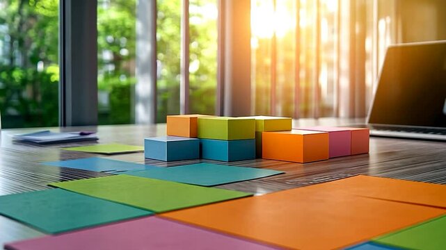 Colorful Blocks and Papers on a Desk