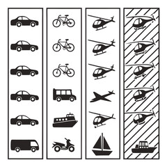 Naklejka premium Black and White Transportation Icons: Cars, Bikes, Aircraft, and Boats