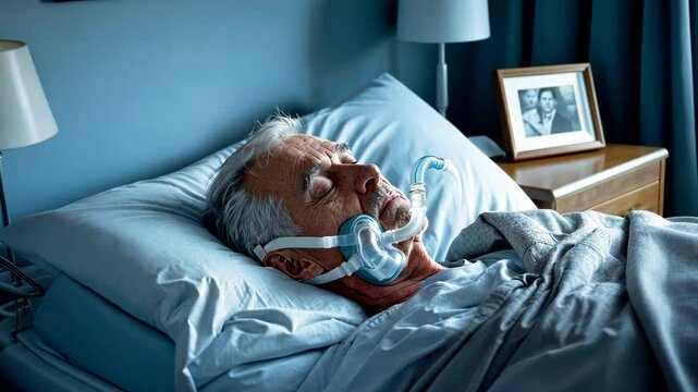 Elderly Man Sleeping Peacefully with CPAP Mask in Bedroom at Night