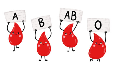 Set of cute blood donor rhesus type character cartoon doodle crayon watercolor kids illustration donate donation save lives vector clipart sticker
