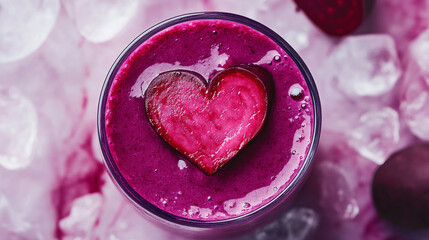 pink heart in a glass of fruit purple juice