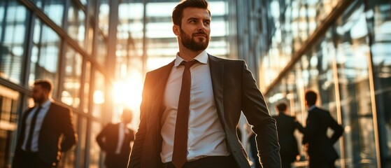 A businessman confidently leading a team through a challenging project, showcasing determination and leadership.