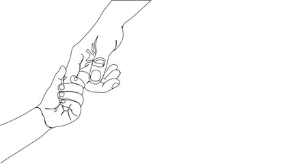 One continuous line drawing of parent and baby holding hands. Line drawing of father holding child’s hand, single line vector illustration.