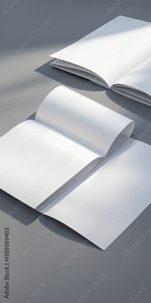 Poster minimalist layout with blank white paper sheets on smooth gray background and soft lighting