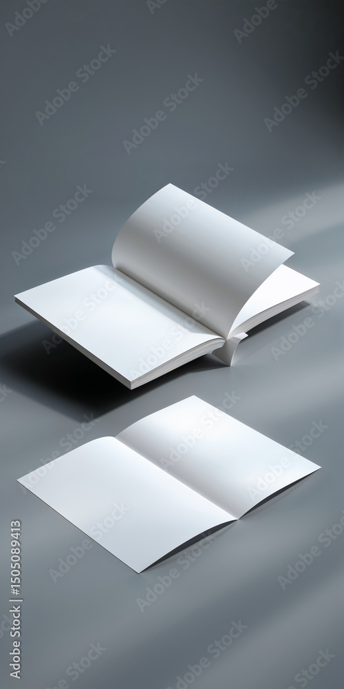 Poster minimalist layout with blank white paper sheets on smooth gray background and soft lighting