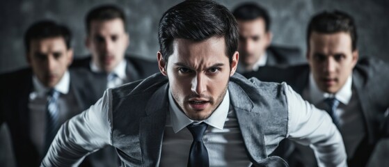 A businessman confidently leading a team through a challenging project, showcasing determination and leadership.
