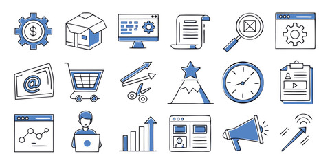 Website Design & Development Icon Set – Flat Blue-Themed UX/UI, SEO, Hosting & E-commerce Icons