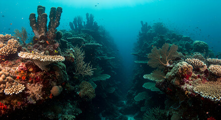 Fototapeta premium Vibrant underwater scene showcasing a diverse coral reef ecosystem and marine life
