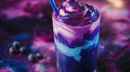 blue purple rainbow  cocktail with creamy parkling latte