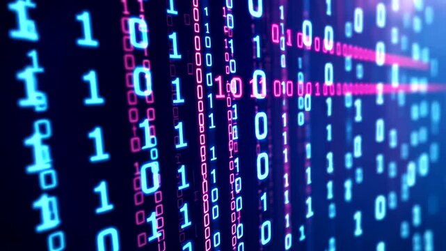 A matrix-style digital cascade of neon-lit binary code, zeros and ones, in descending rows, on a dark background, fading into distance