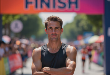 Fototapeta premium Marathon runner confidently standing beneath the finish banner