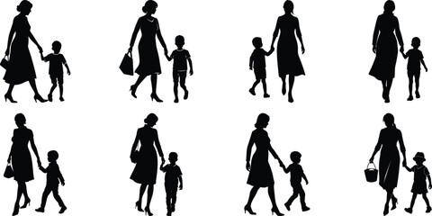 Family mom and children walking and playing together with kids silhouettes set collection.