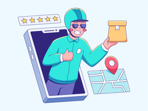 Happy delivery man with package from phone screen showing map and five stars rating.