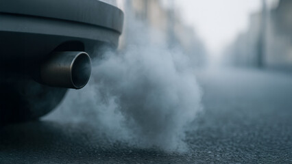 Car exhaust pipe emitting smoke on a city street, highlighting air pollution and vehicle emissions.