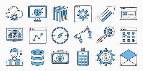 Website Design & Development Icon Set – Flat Blue-Themed UX/UI, SEO, Hosting & E-commerce Icons