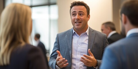 A businessman engaged in a lively discussion with colleagues at a networking event, showcasing charisma and approachability.
