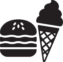 Silhouette vector of a burger paired with an ice cream cone. Ideal for fast food combos, dessert menus, and casual dining branding.