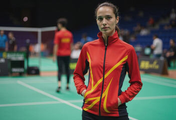 Badminton player courtside near a shuttle cart, ready for action