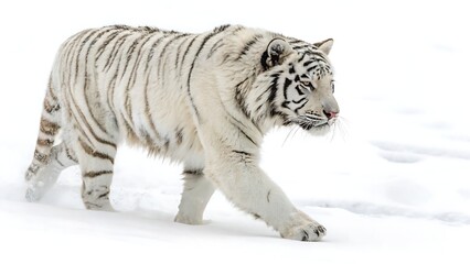 Obraz premium In a serene winter scene, a powerful white tiger with piercing eyes and a pink nose walks purposefully through the snow, leaving delicate paw prints behind.