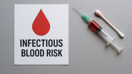 Warning sign about infectious blood risk with a syringe containing blood and a cotton swab on a gray surface.