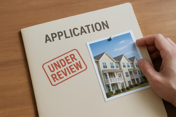 A rental application folder marked "Under Review" with a photo of an apartment building and a hand holding the file.